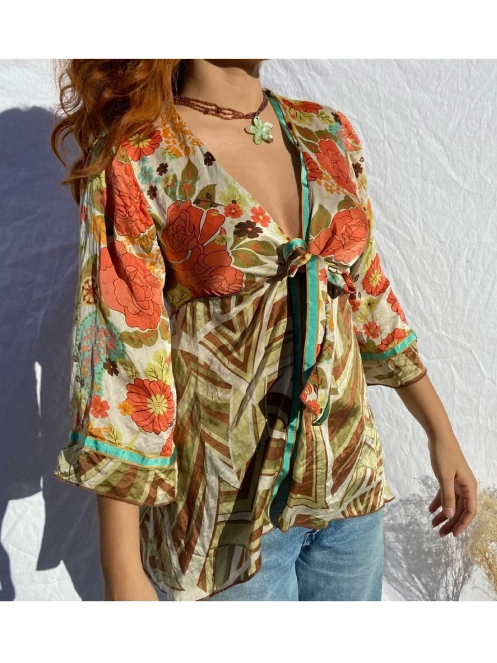 Vintage Y2K Cabi Indie Bohemian Artsy Printed Silk Tie Top